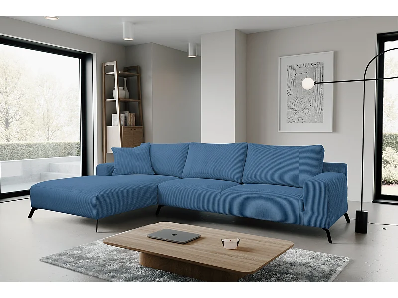 Canapé d'angle Aspen, couleur du canapé : bleu, tissu velours côtelé, pouf à gauche
