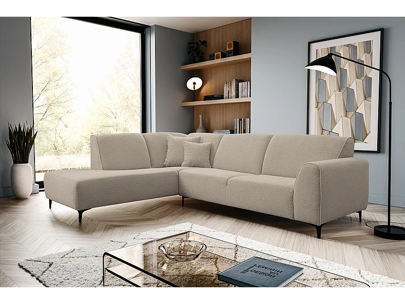 Canapé d'angle Mula, couleur : beige, tissu bouclé, pouf à gauche