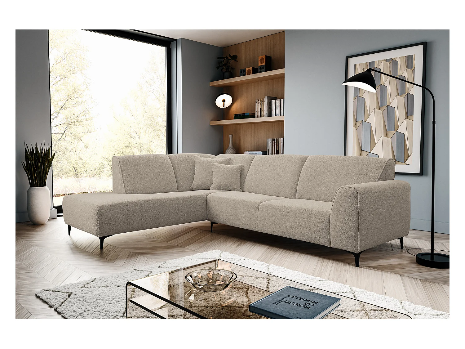 Canapé d'angle Mula, couleur : beige, tissu bouclé, pouf à gauche