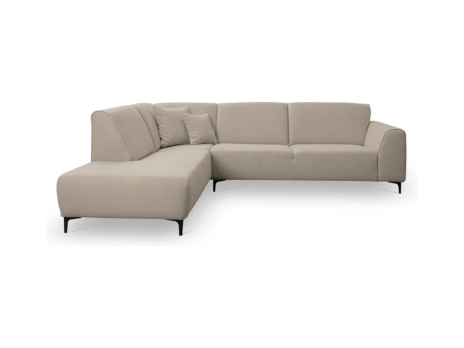 Canapé d'angle Mula, couleur : beige, tissu bouclé, pouf à gauche