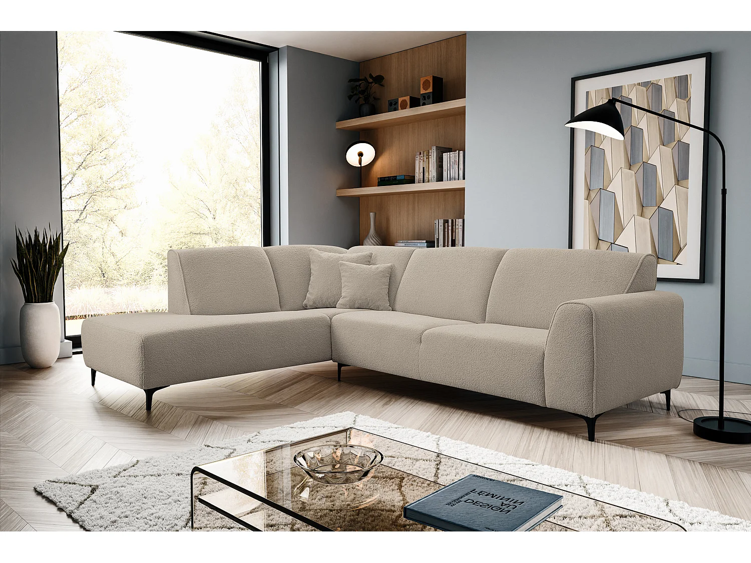 Canapé d'angle Mula, couleur : beige, tissu bouclé, pouf à gauche