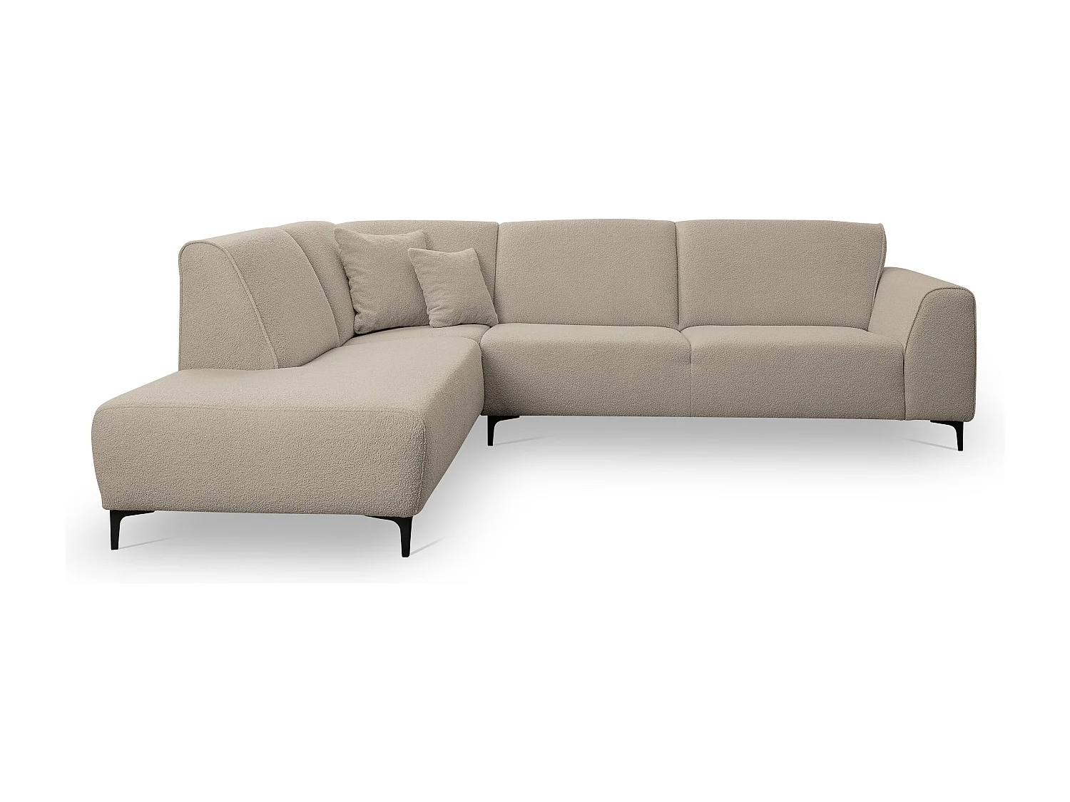 Canapé d'angle Mula, couleur : beige, tissu bouclé, pouf à gauche