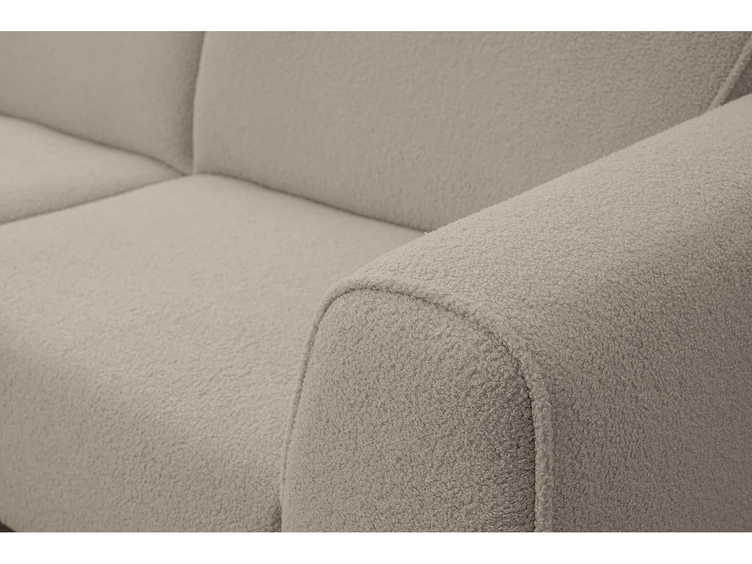 Canapé d'angle Mula, couleur : beige, tissu bouclé, pouf à gauche