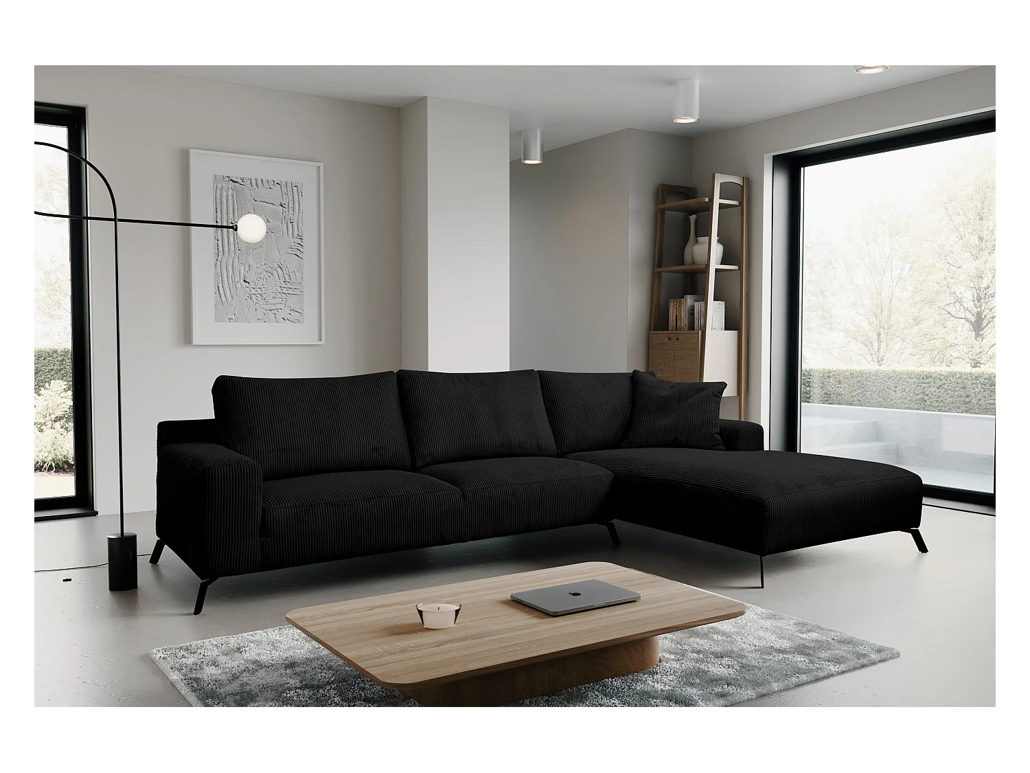 Canapé d'angle Aspen, couleur du canapé : noir, tissu velours côtelé, pouf à droite