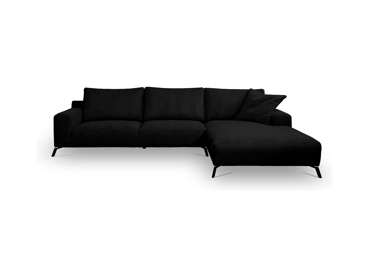 Canapé d'angle Aspen, couleur du canapé : noir, tissu velours côtelé, pouf à droite