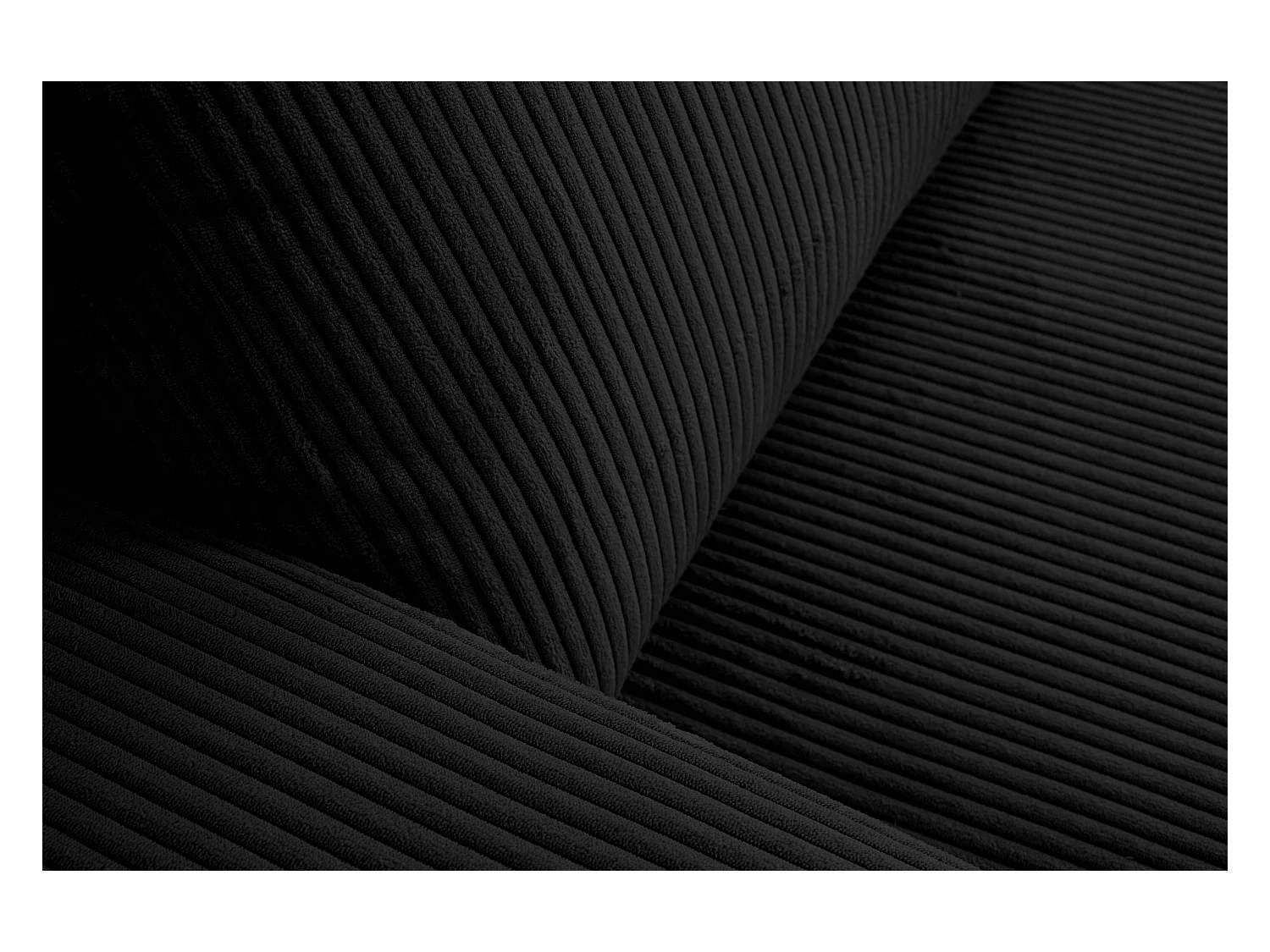 Canapé d'angle Aspen, couleur du canapé : noir, tissu velours côtelé, pouf à droite