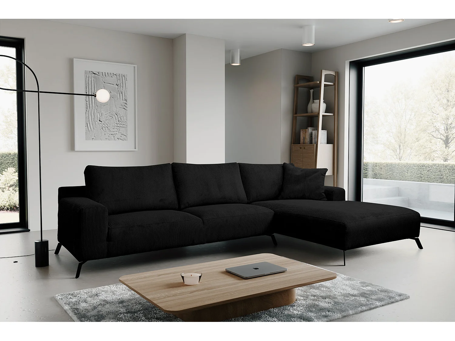 Canapé d'angle Aspen, couleur du canapé : noir, tissu velours côtelé, pouf à droite