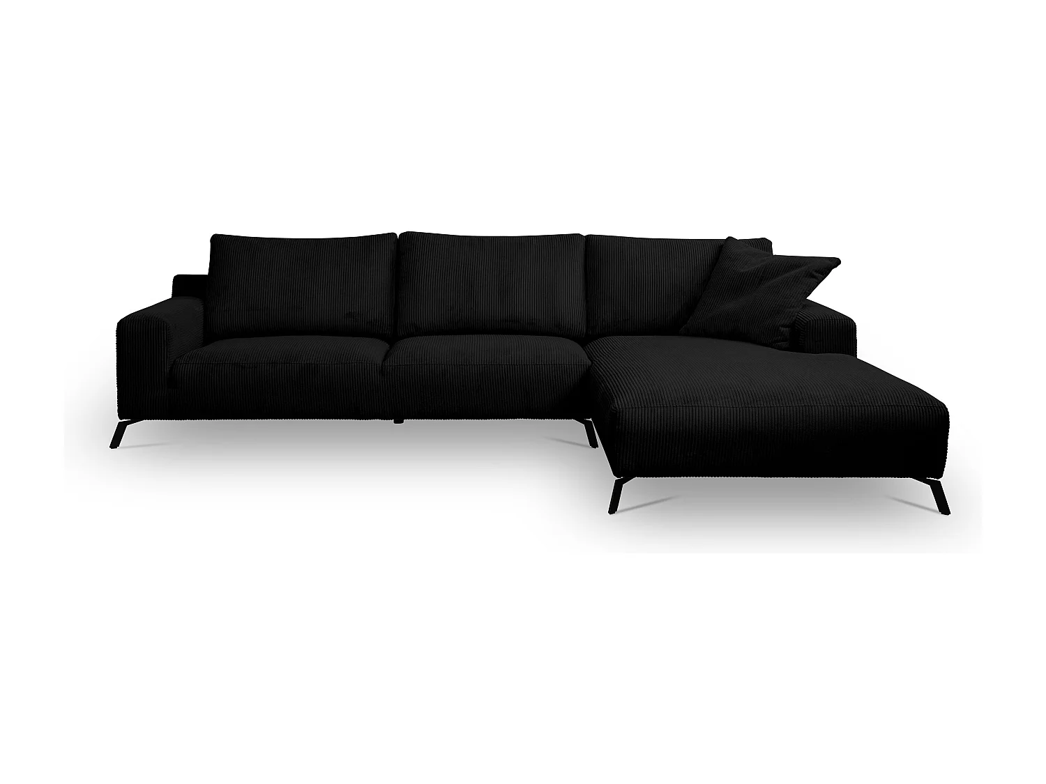 Canapé d'angle Aspen, couleur du canapé : noir, tissu velours côtelé, pouf à droite