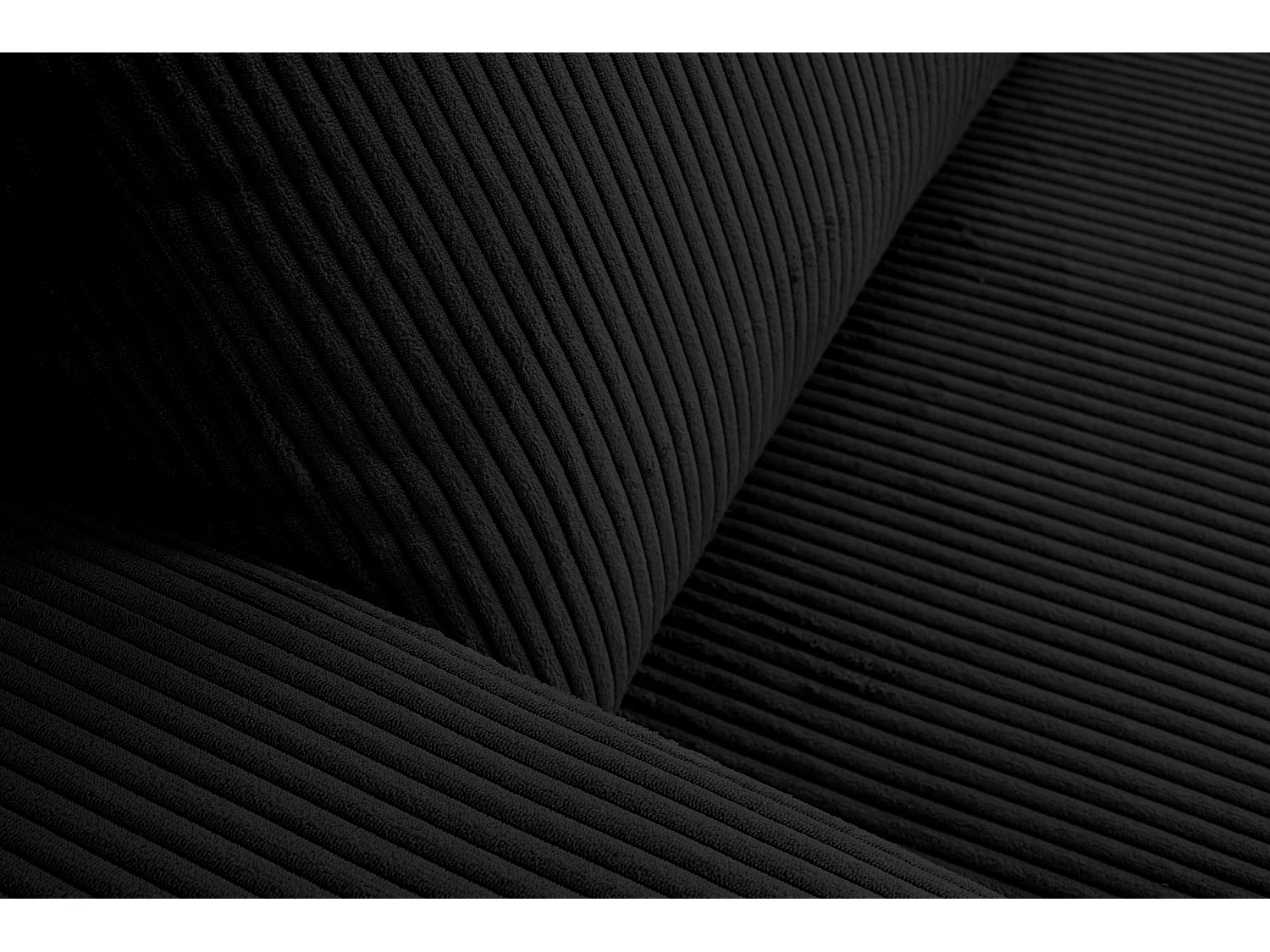 Canapé d'angle Aspen, couleur du canapé : noir, tissu velours côtelé, pouf à droite