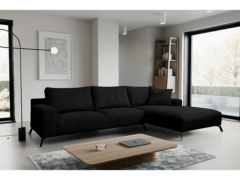 Canapé d'angle Aspen, couleur du canapé : noir, tissu velours côtelé, pouf à droite