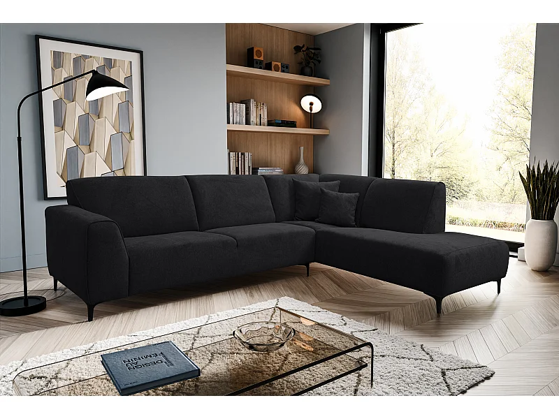 Hoekbank Mula, hoekbank in L-vorm, kleur: zwart, veloursstof, ottomane rechts