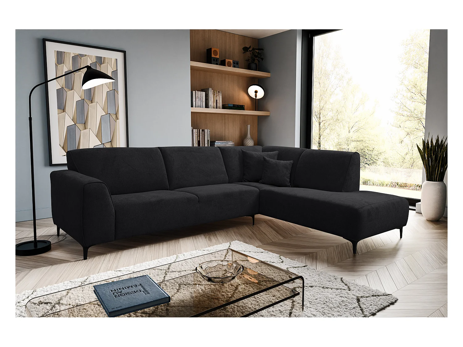 Canapé d'angle Mula, couleur du canapé : noir, tissu velours, pouf à droite