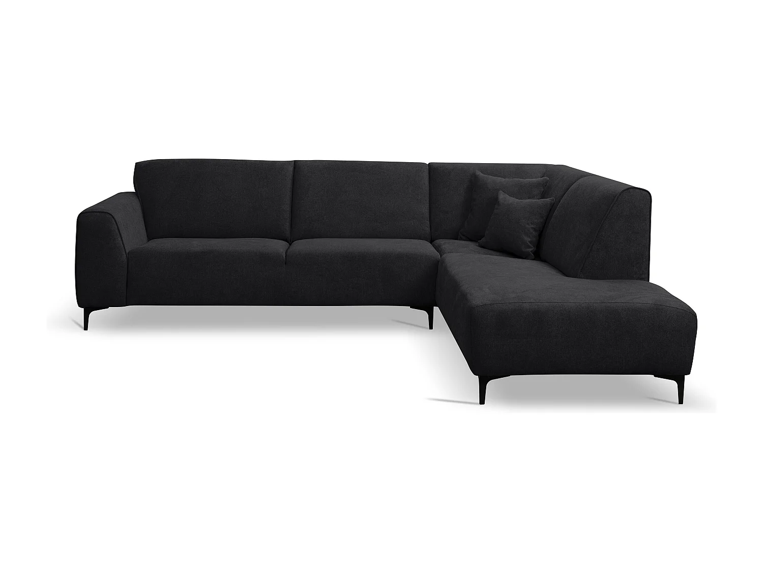 Canapé d'angle Mula, couleur du canapé : noir, tissu velours, pouf à droite