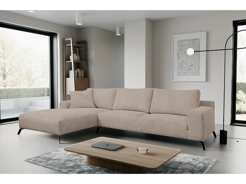 Canapé d'angle Aspen, couleur du canapé : marron, tissu velours côtelé, pouf à gauche