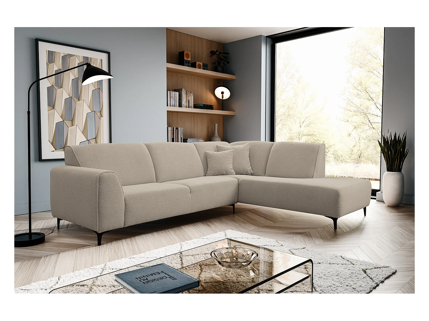 Canapé d'angle Mula, couleur du canapé : beige, tissu bouclé, pouf à droite