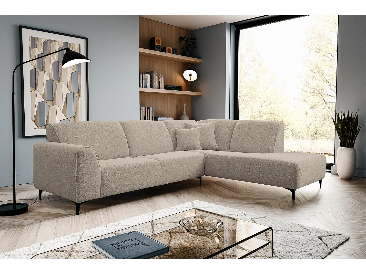 Canapé d'angle Mula, couleur du canapé : beige, tissu bouclé, pouf à droite