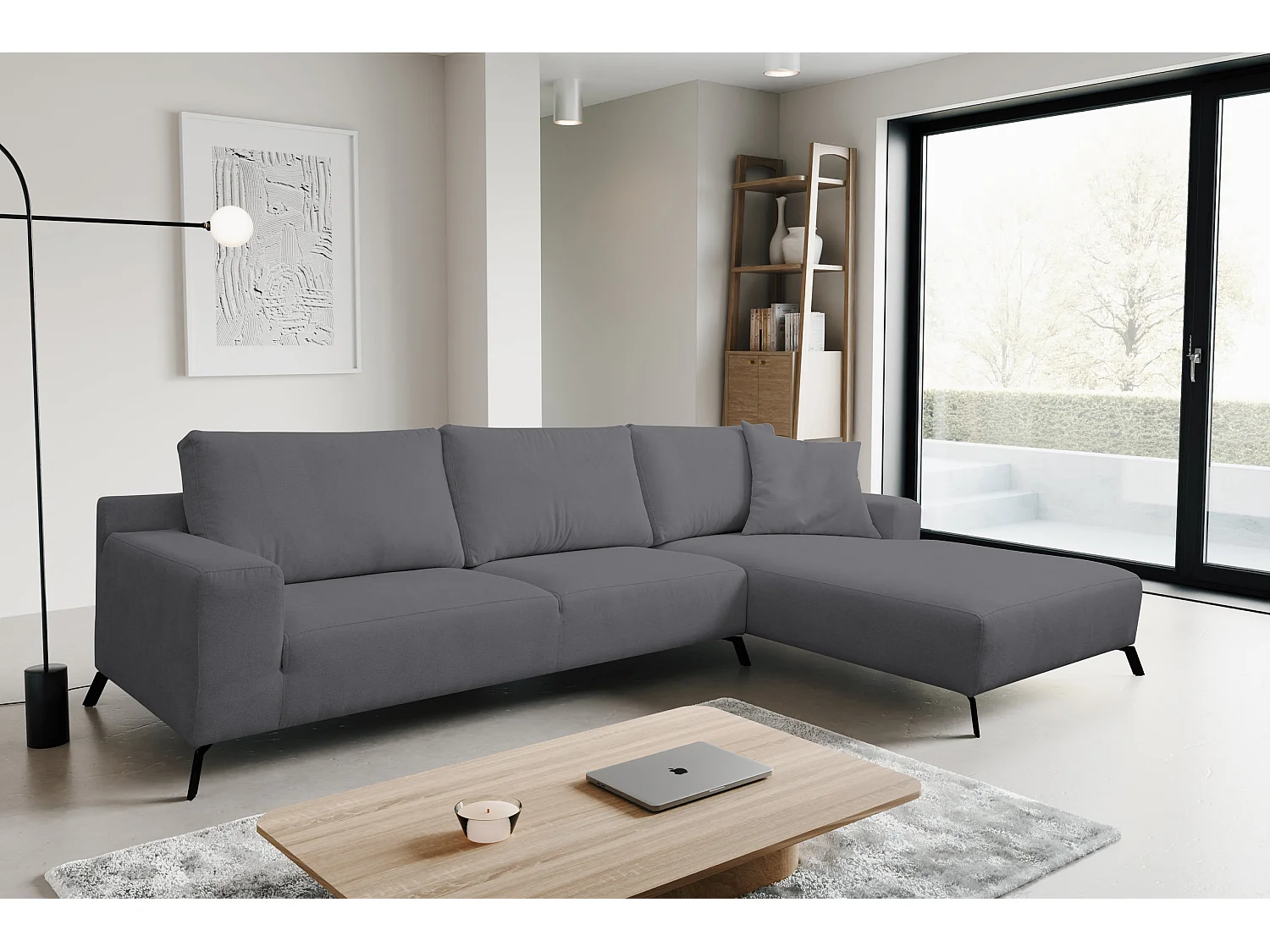 Canapé d'angle Aspen, couleur du canapé : gris, tissu velours, pouf à droite