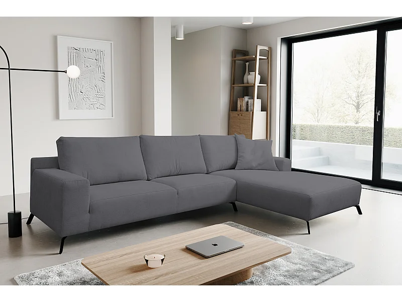 Canapé d'angle Aspen, couleur du canapé : gris, tissu velours, pouf à droite