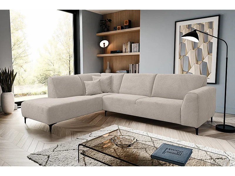 Canapé d'angle Mula, couleur : beige, tissu velours, pouf à gauche