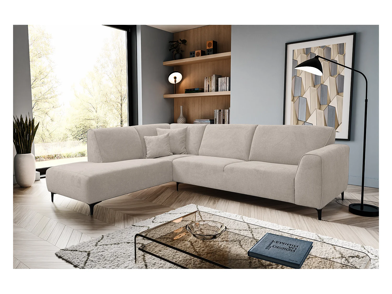 Canapé d'angle Mula, couleur : beige, tissu velours, pouf à gauche