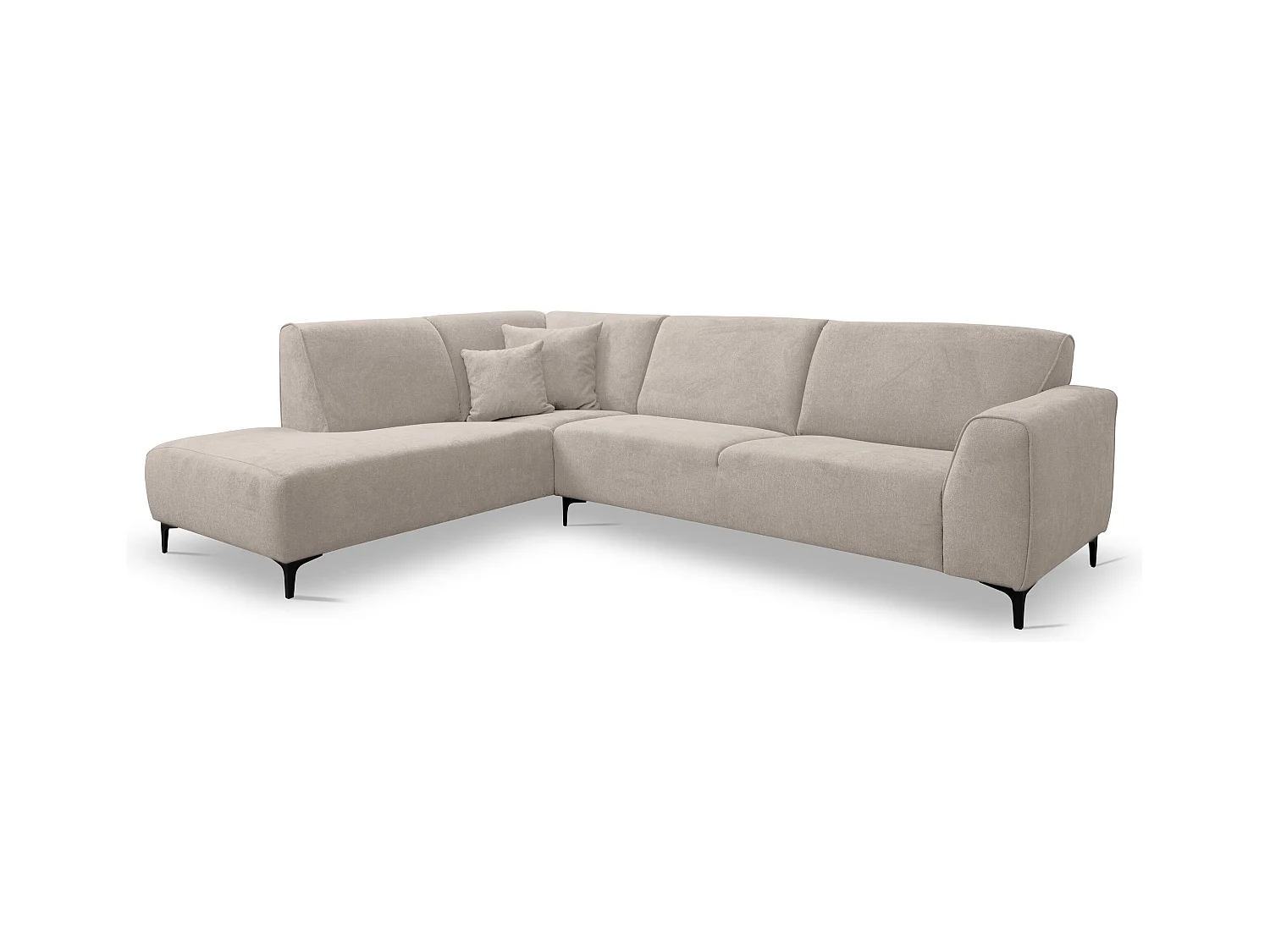 Canapé d'angle Mula, couleur : beige, tissu velours, pouf à gauche