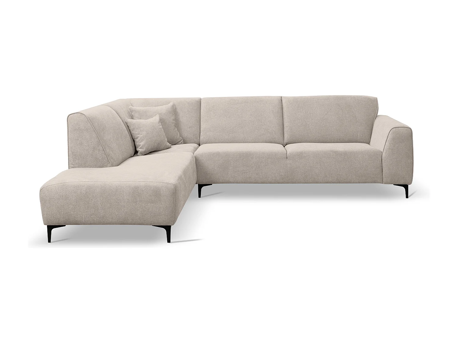 Canapé d'angle Mula, couleur : beige, tissu velours, pouf à gauche