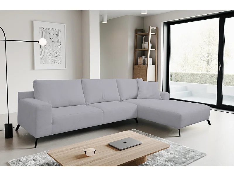 Canapé d'angle Aspen, couleur du canapé : gris clair, tissu velours, pouf à droite