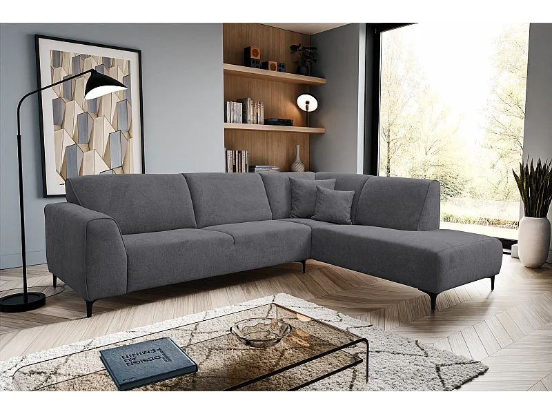 Canapé d'angle Mula, couleur du canapé : gris, tissu velours, pouf à droite