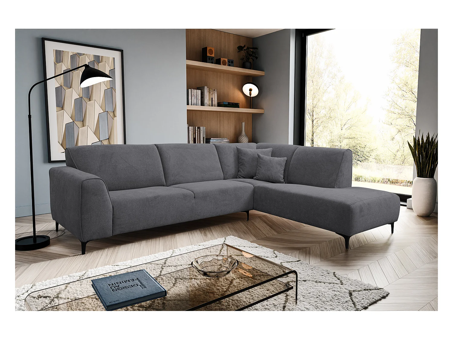 Canapé d'angle Mula, couleur du canapé : gris, tissu velours, pouf à droite