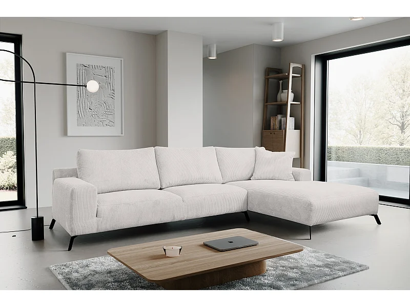 Canapé d'angle Aspen, couleur du canapé : beige, tissu velours côtelé, pouf à droite