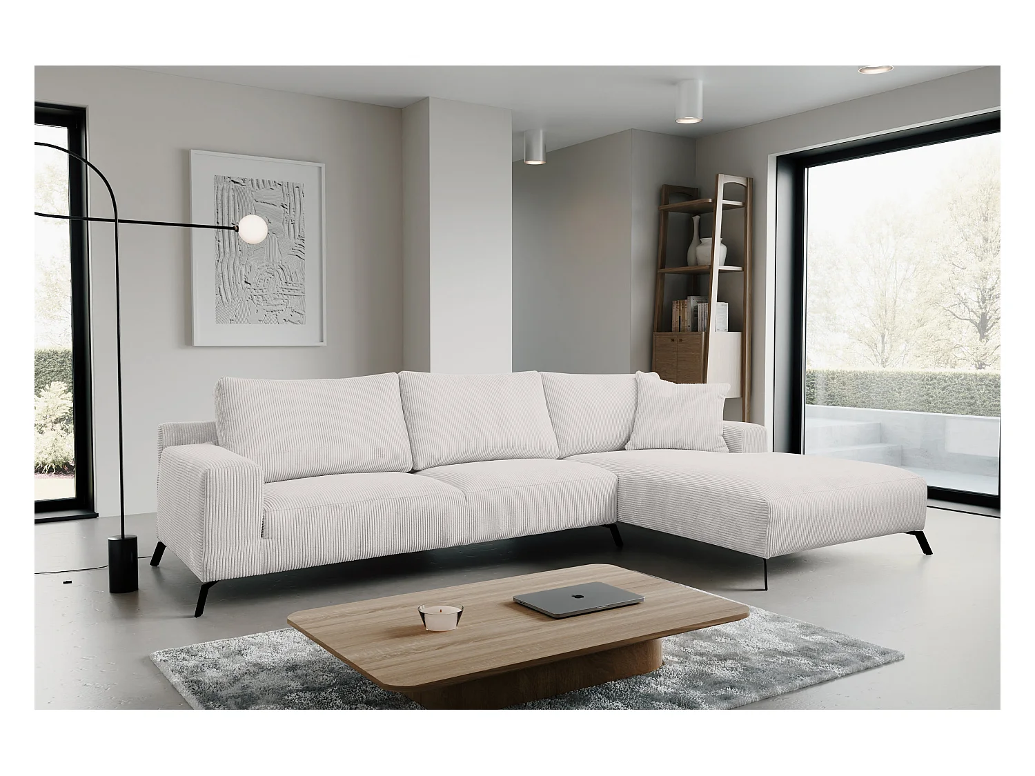 Hoekbank Aspen, hoekbank in L-vorm, kleur: beige, corduroy, ottomane rechts