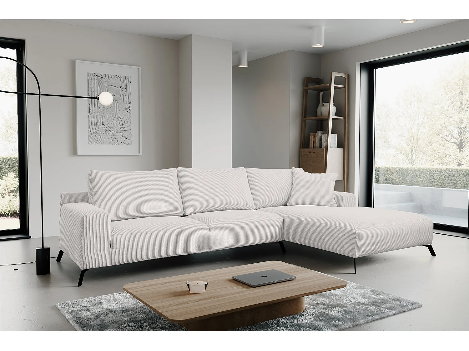 Canapé d'angle Aspen, couleur du canapé : beige, tissu velours côtelé, pouf à droite