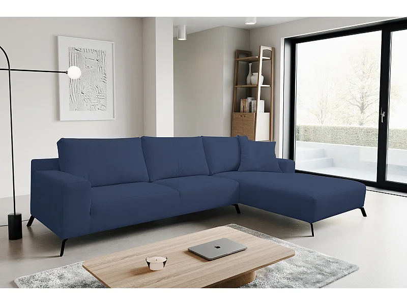 Canapé d'angle Aspen, couleur du canapé : bleu, tissu velours, pouf à droite