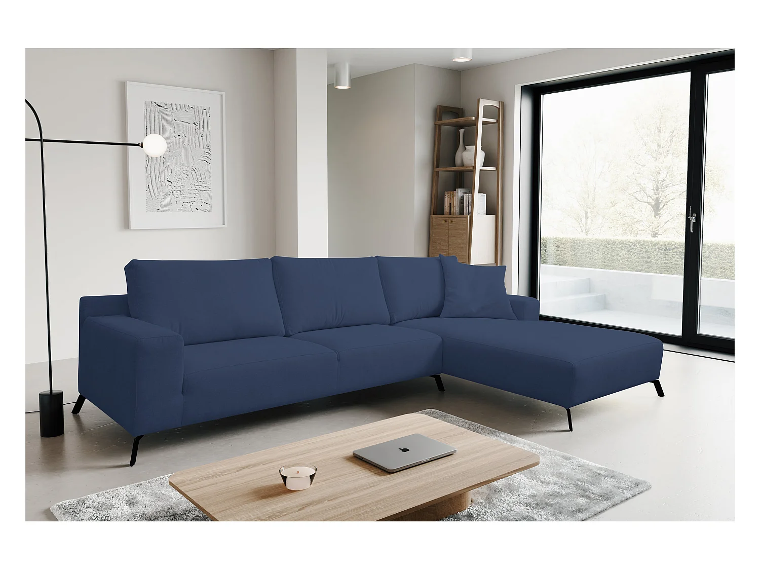 Canapé d'angle Aspen, couleur du canapé : bleu, tissu velours, pouf à droite