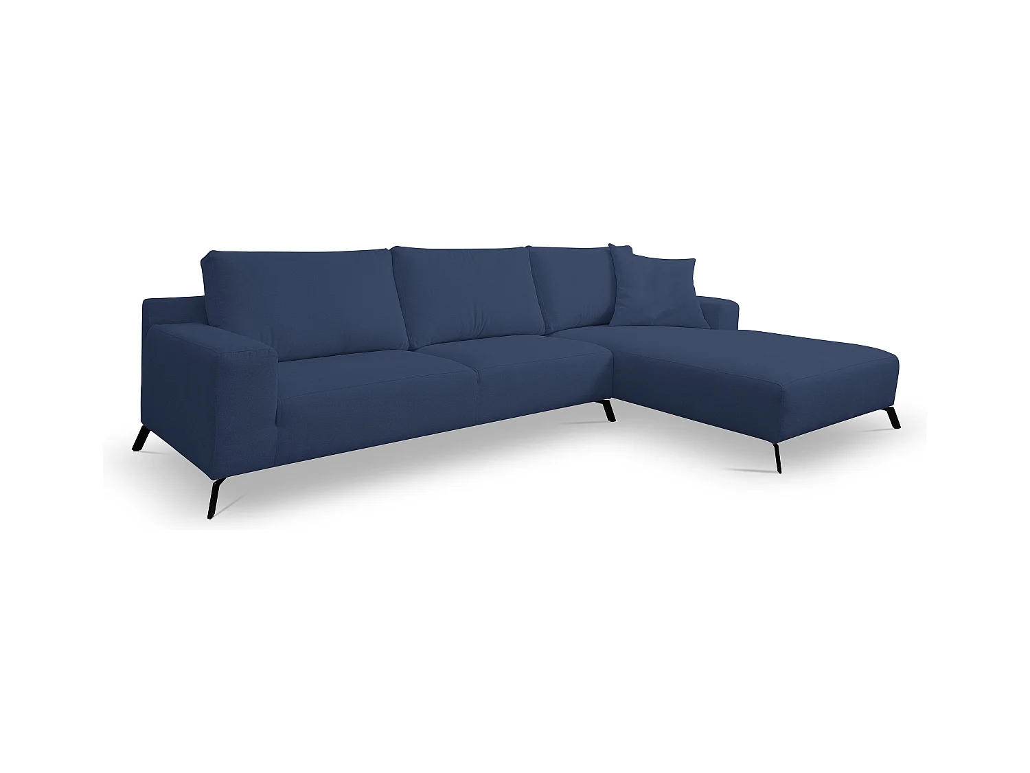 Canapé d'angle Aspen, couleur du canapé : bleu, tissu velours, pouf à droite