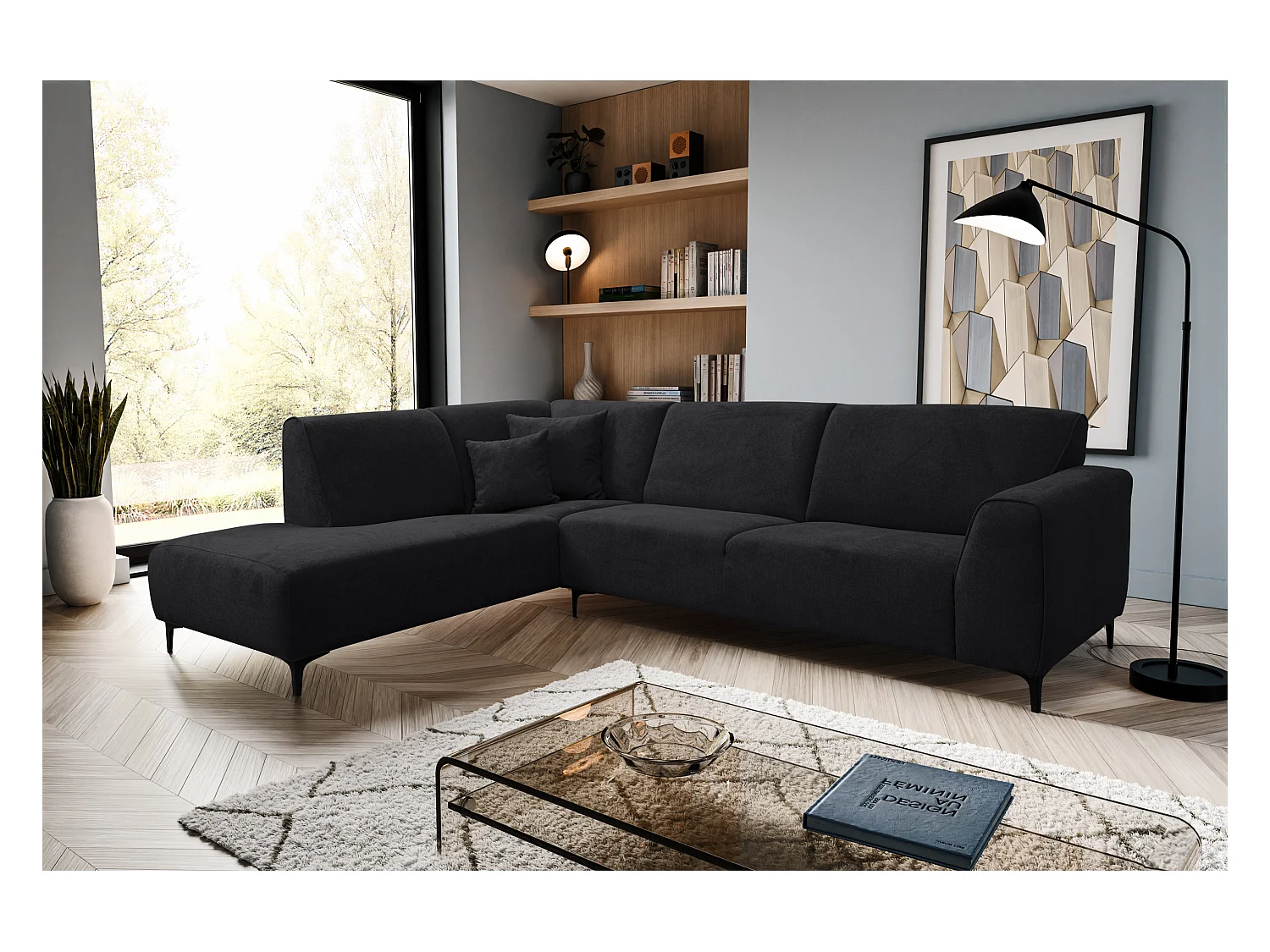 Canapé d'angle Mula, couleur du canapé : noir, tissu velours, pouf à gauche