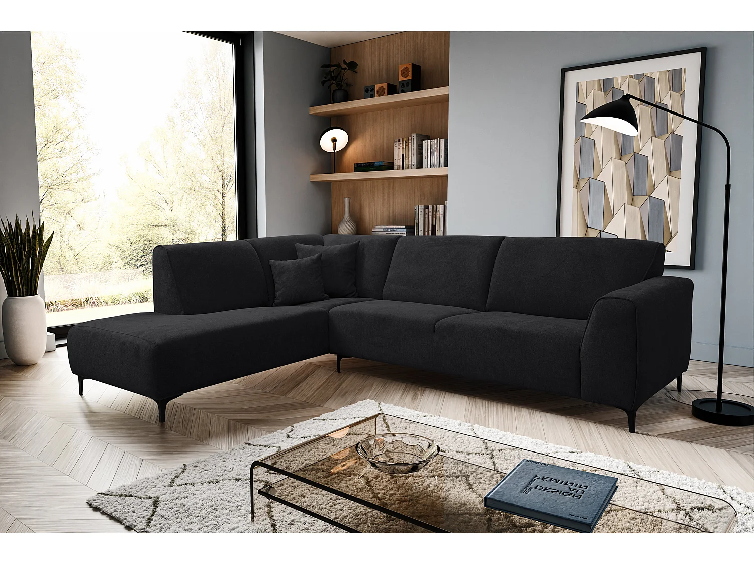 Canapé d'angle Mula, couleur du canapé : noir, tissu velours, pouf à gauche