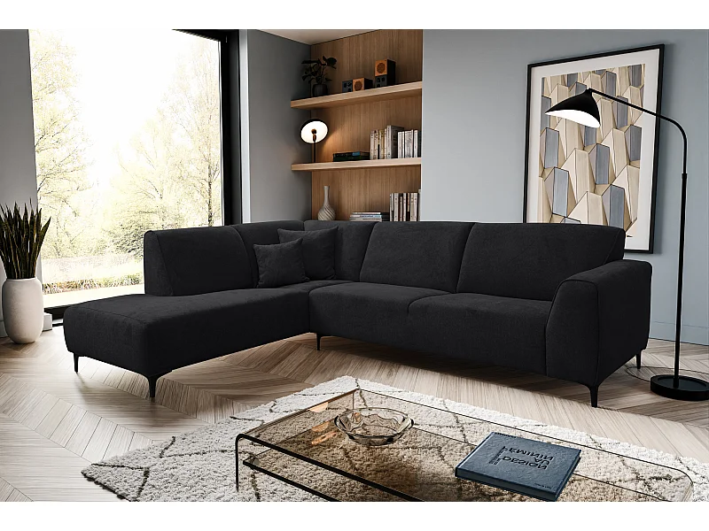 Canapé d'angle Mula, couleur du canapé : noir, tissu velours, pouf à gauche