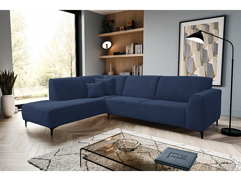 Canapé d'angle Mula, couleur du canapé : bleu, tissu velours, pouf à gauche