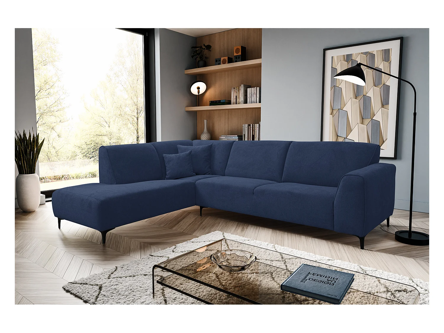 Canapé d'angle Mula, couleur du canapé : bleu, tissu velours, pouf à gauche