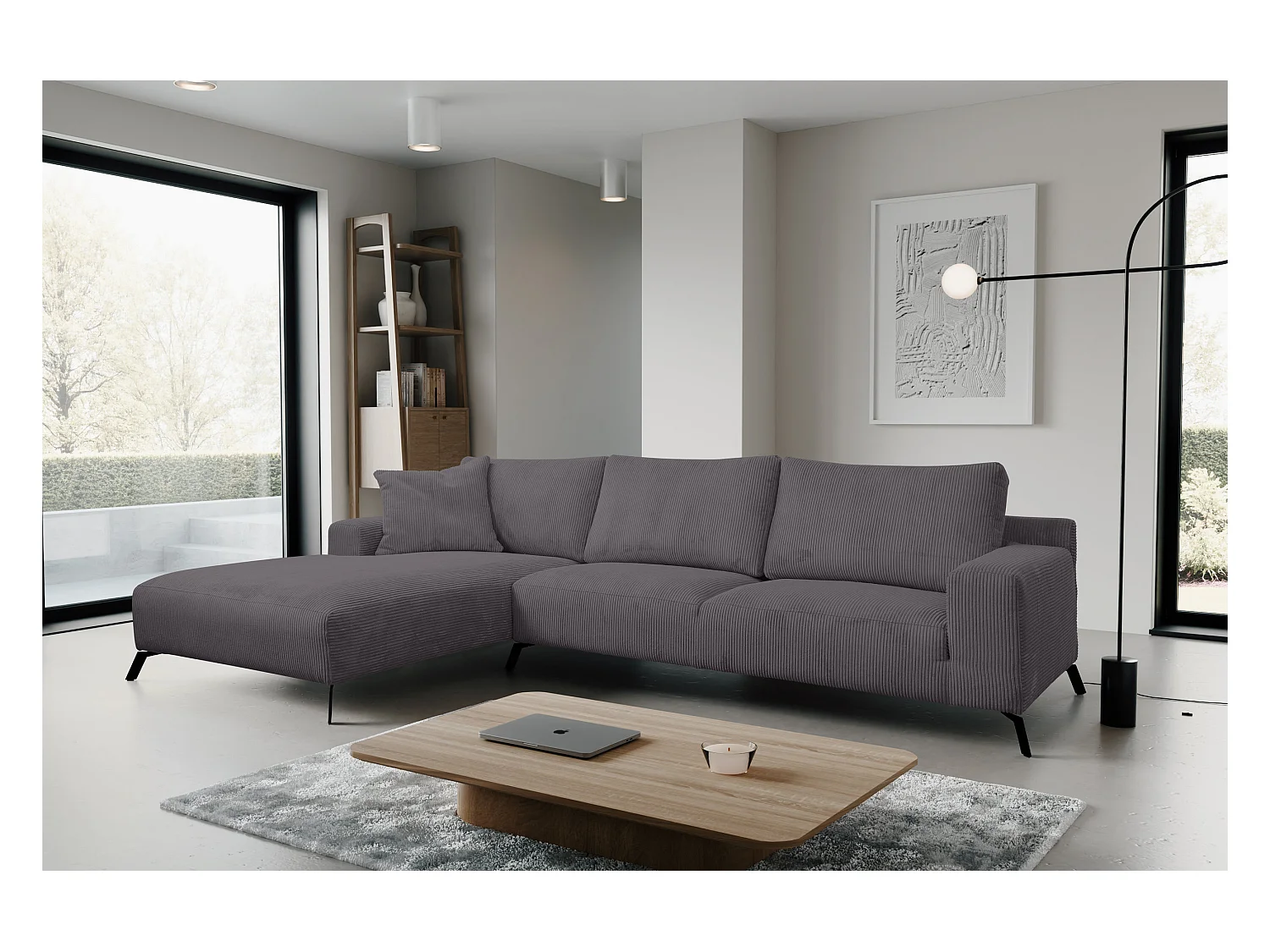 Canapé d'angle Aspen, couleur : gris foncé, tissu velours côtelé, pouf gauche