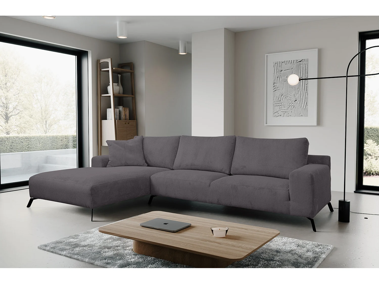 Canapé d'angle Aspen, couleur : gris foncé, tissu velours côtelé, pouf gauche