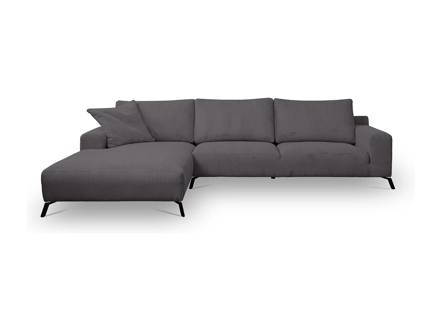 Canapé d'angle Aspen, couleur : gris foncé, tissu velours côtelé, pouf gauche