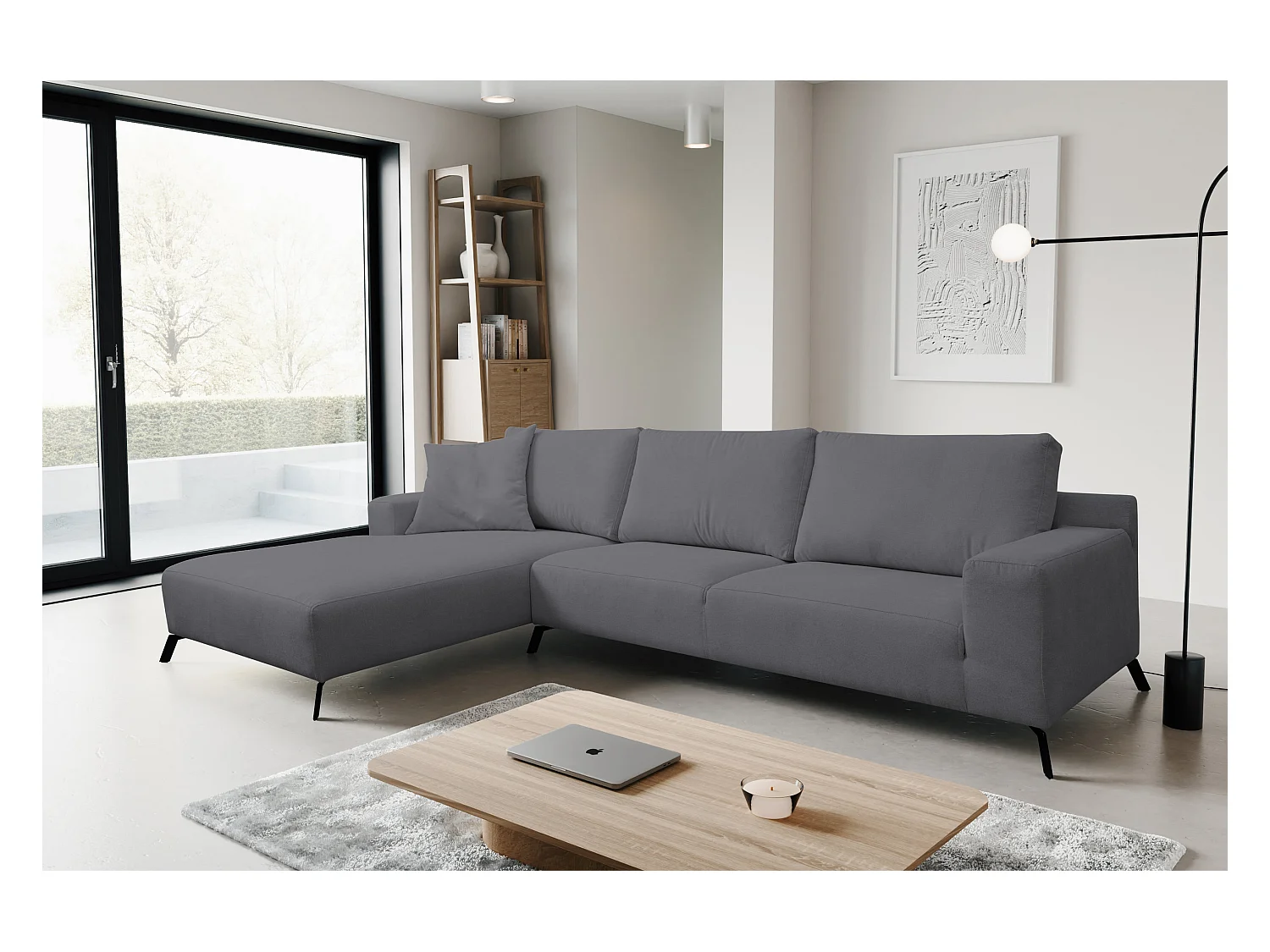 Canapé d'angle Aspen, couleur du canapé : gris, tissu velours, pouf à gauche