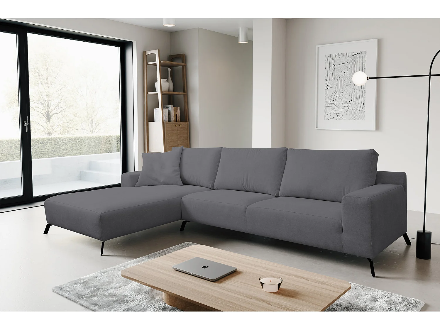 Canapé d'angle Aspen, couleur du canapé : gris, tissu velours, pouf à gauche