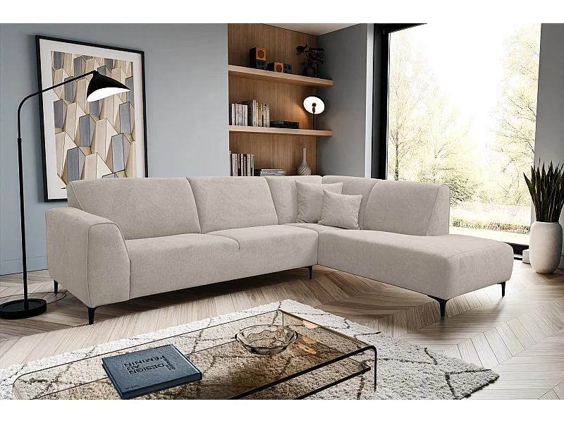 Canapé d'angle Mula, couleur : beige, tissu velours, pouf à droite