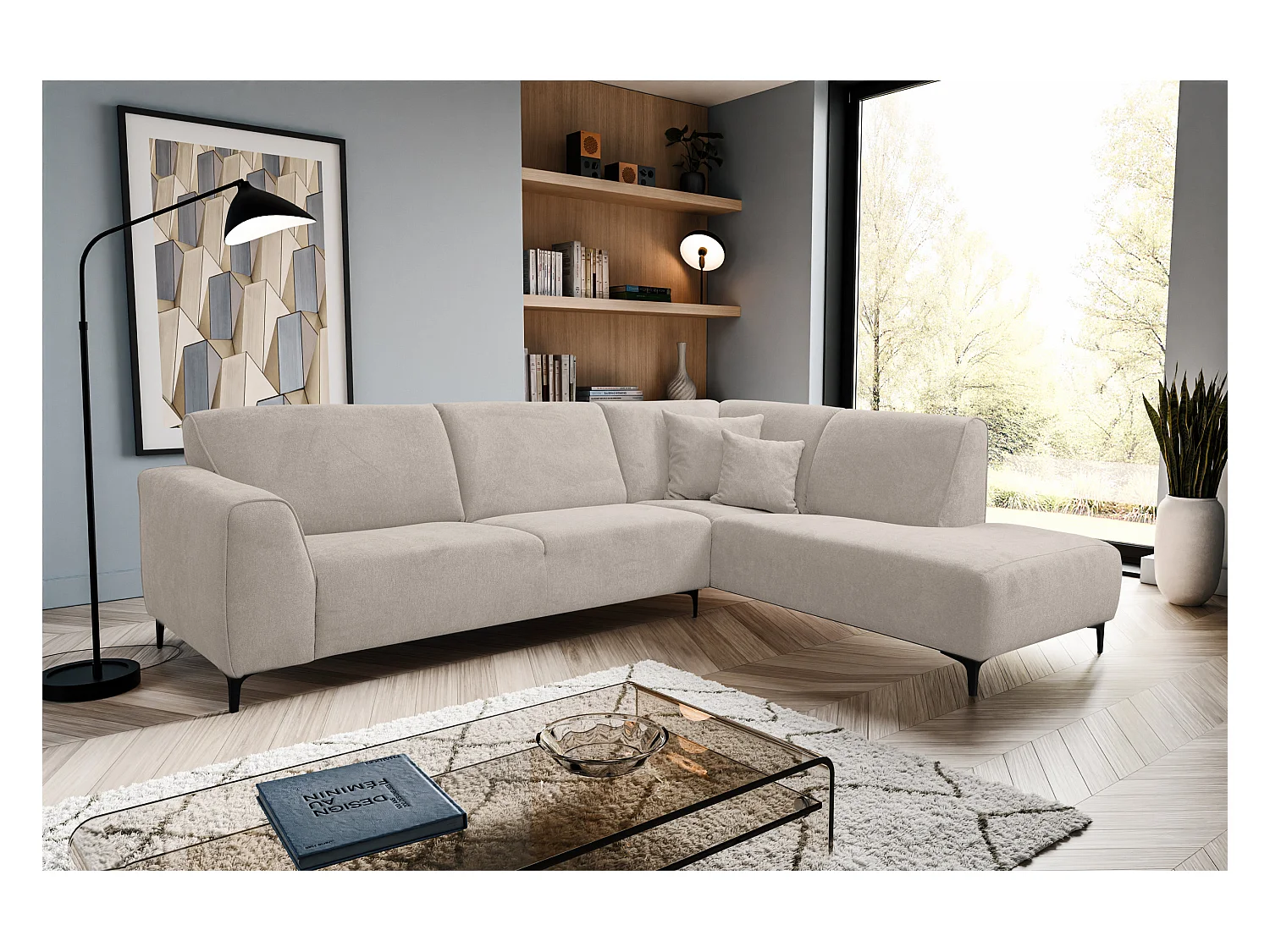 Canapé d'angle Mula, couleur : beige, tissu velours, pouf à droite