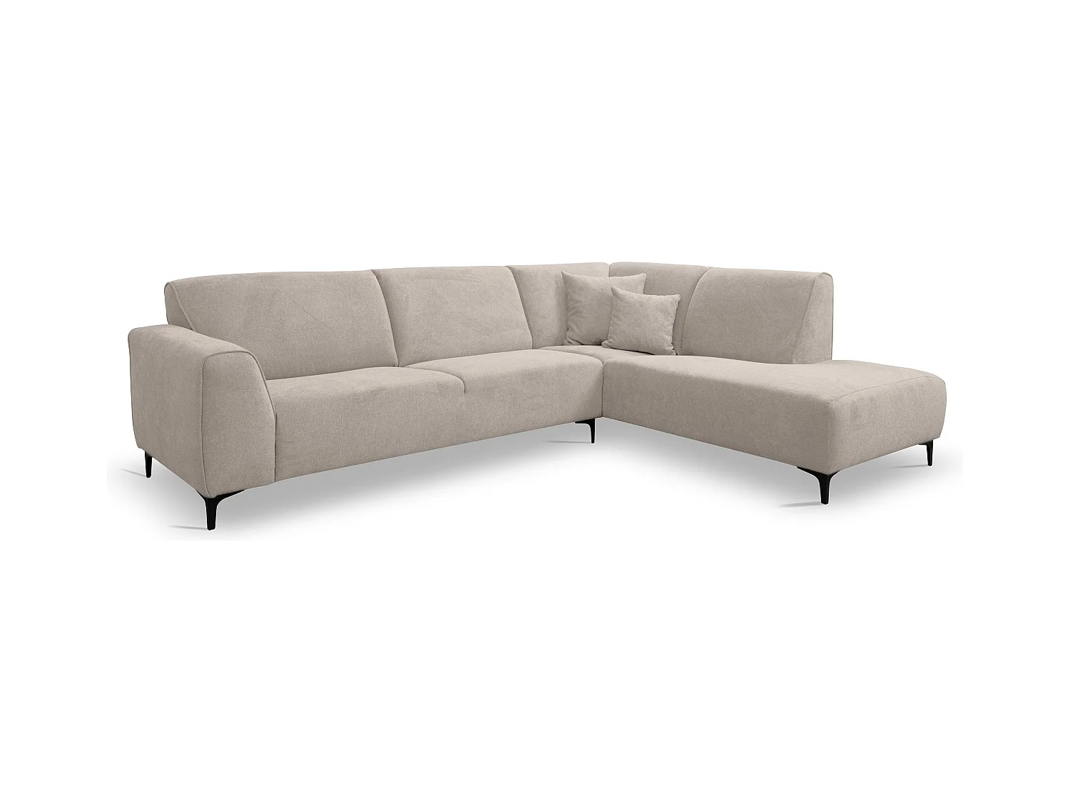 Canapé d'angle Mula, couleur : beige, tissu velours, pouf à droite