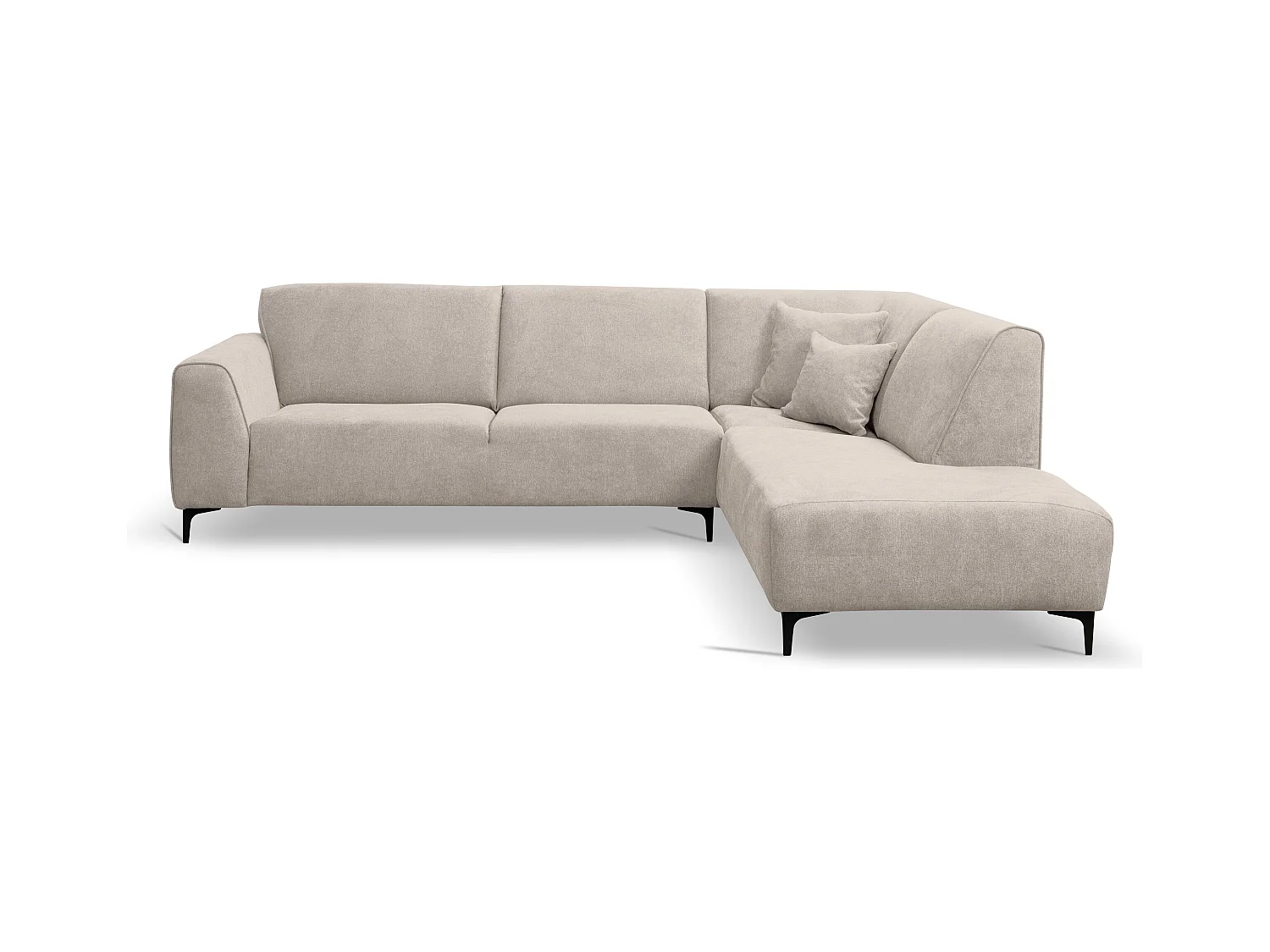 Canapé d'angle Mula, couleur : beige, tissu velours, pouf à droite