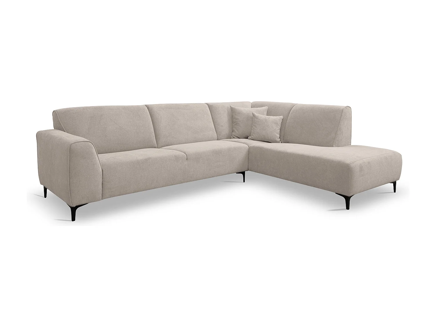 Canapé d'angle Mula, couleur : beige, tissu velours, pouf à droite